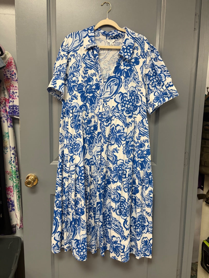 BLUE CROWN & IVY FLORAL LINEN BUTTON UP DRESS, LADIES XL