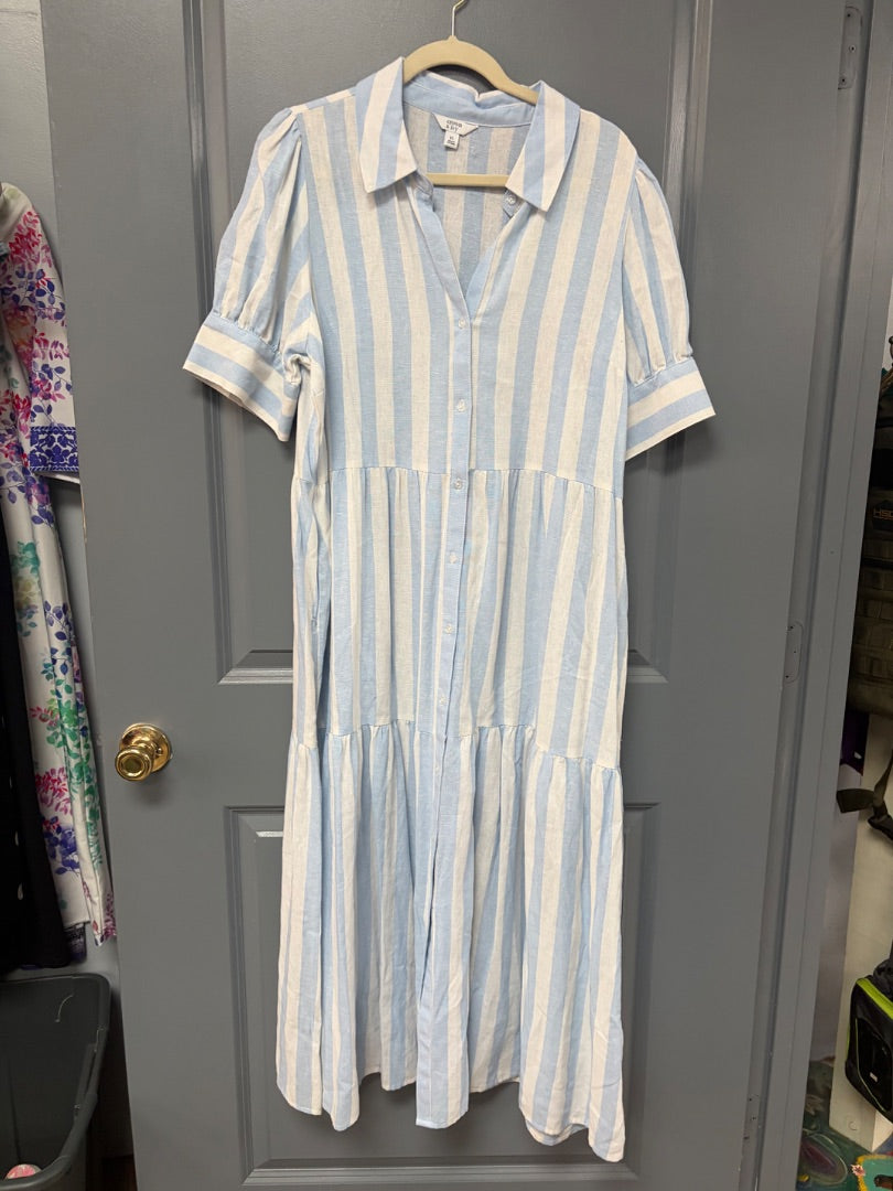 BLUE/WHITE CROWN & IVY STRIPE BUTTON UP LINEN DRESS, LADIES XL