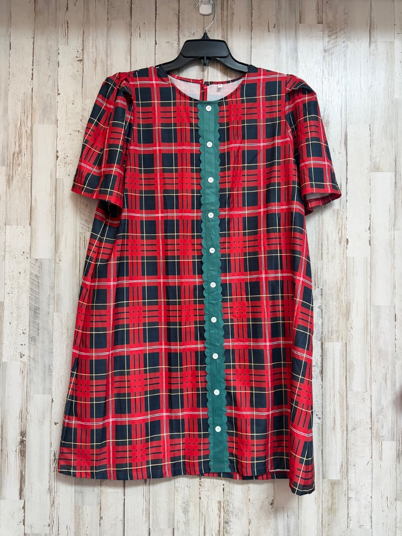 RED/BLACK/GREEN PLAID BUTTON SATIN DRESS, LADIES 2X