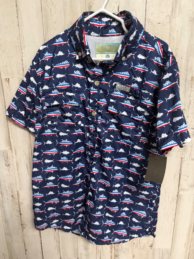 NAVY OCEAN COAST FISH PRINT FISHING BUTTON UP, BOY 7