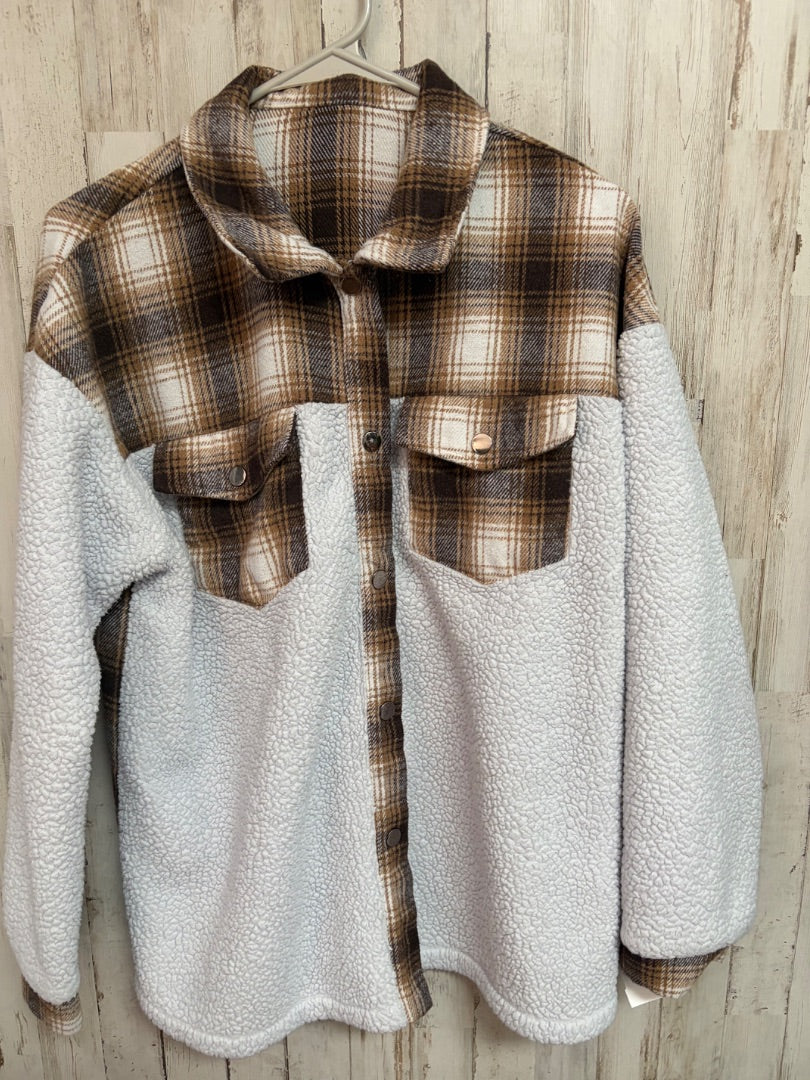 BROWN/GREY SHEIN PLAID TRIM SHACKET, LADIES M