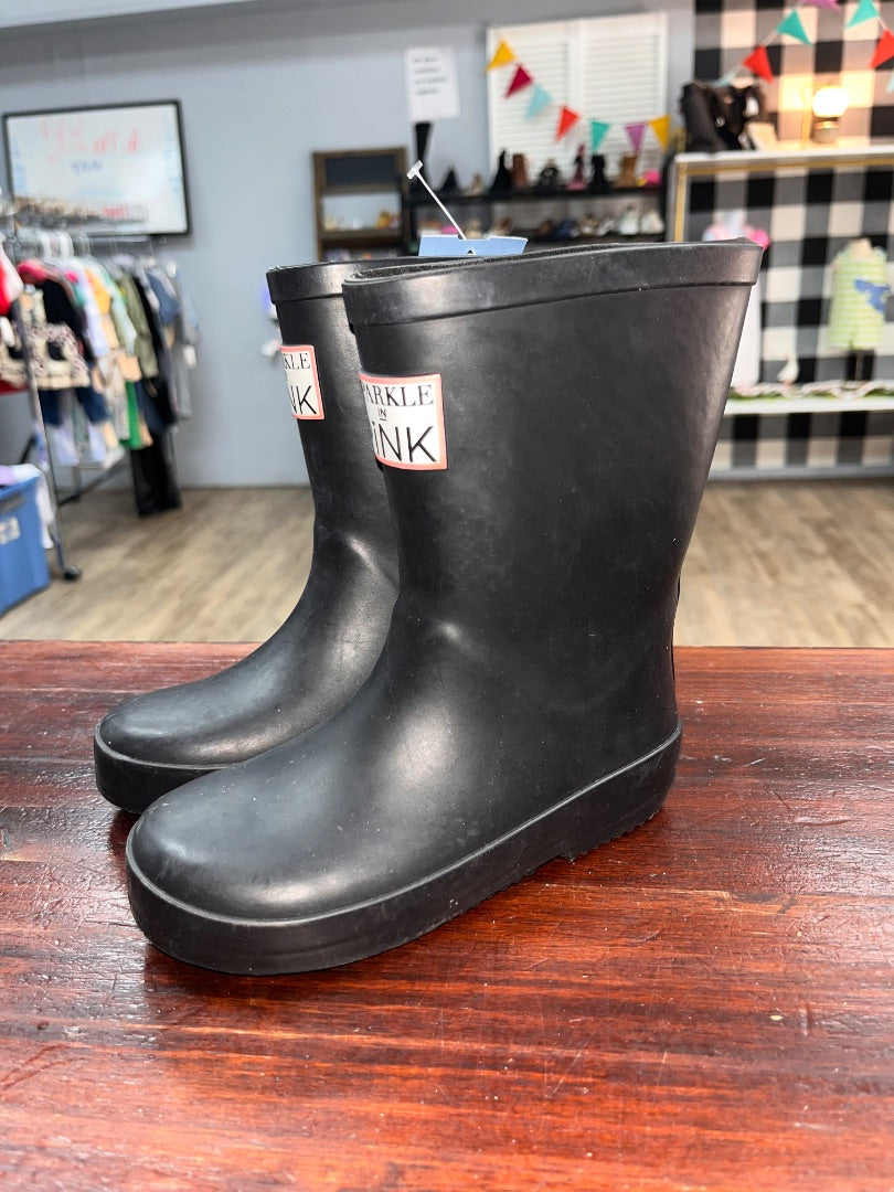 BLACK SPARKLE IN PINK RUBBER BOOTS, SHOES 10