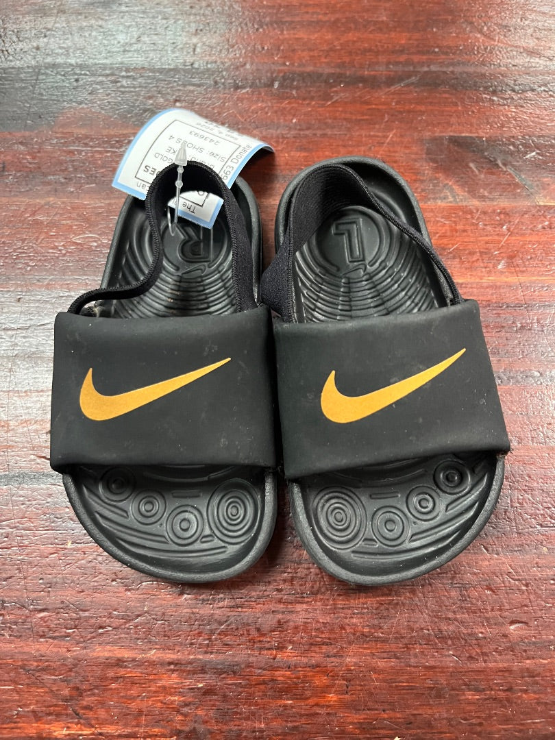 BLACK/GOLD NIKE LOGO SLIDES, SHOES 4