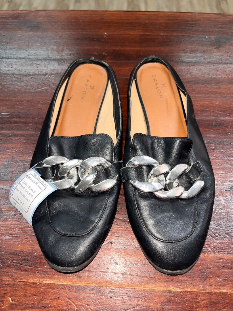 BLACK CALSON BUCKLE SLIP ON MULES, SHOES A6.5