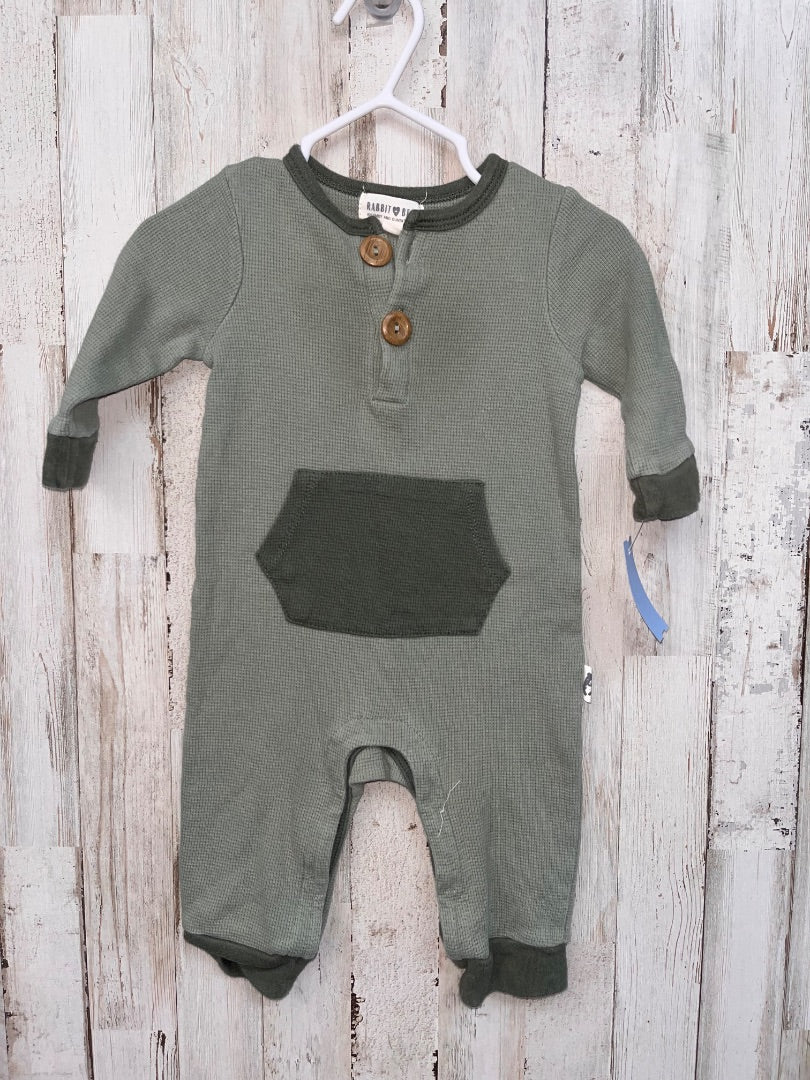 GREEN RABBIT BEAR WAFFLE KNIT ROMPER, BOY 6-9M