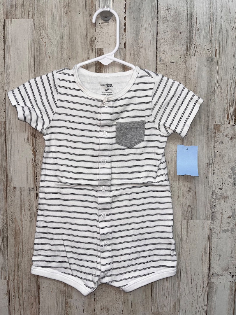 WHITE SIMPLY STRIPE POCKET ROMPER, BOY 12M