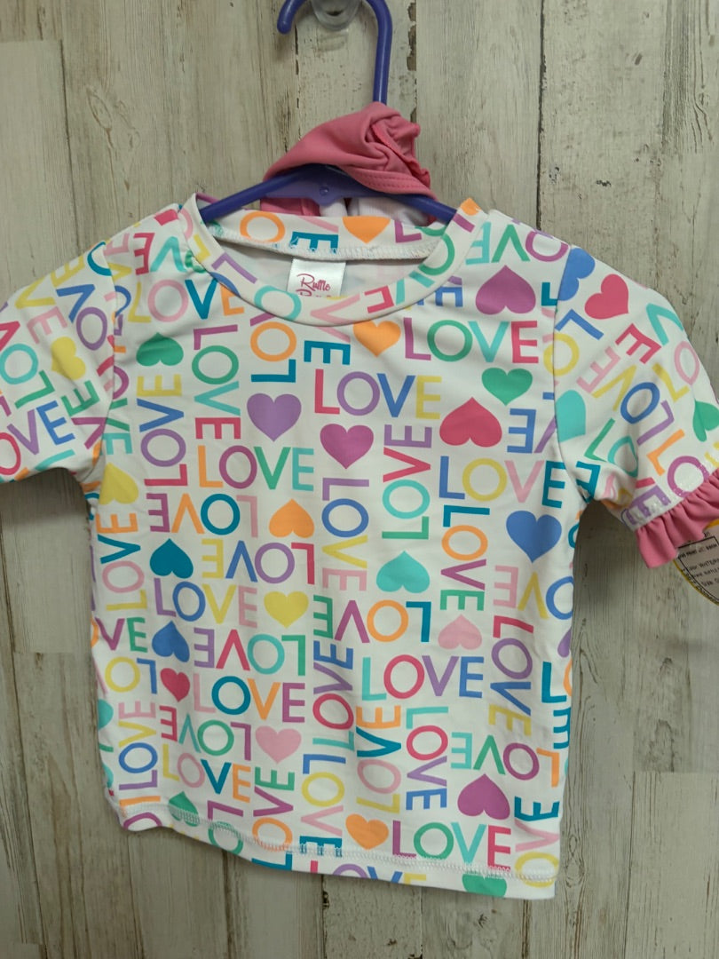 WHITE/PINK RUFFLE BUTTS LOVE PRINT 2PC SWIM, GIRL 2T
