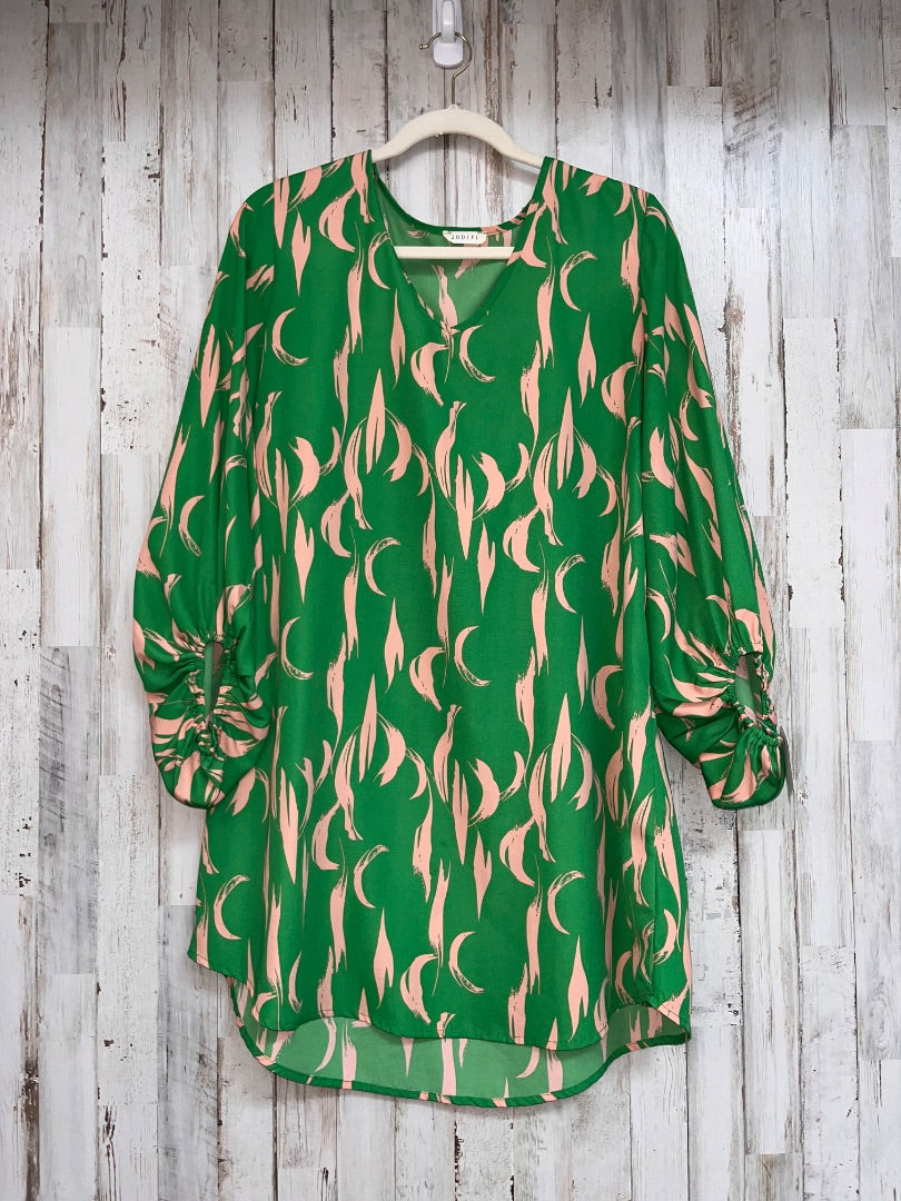 GREEN JODIFL PRINTED V NECK PUFF SLEEVE DRESS, LADIES S