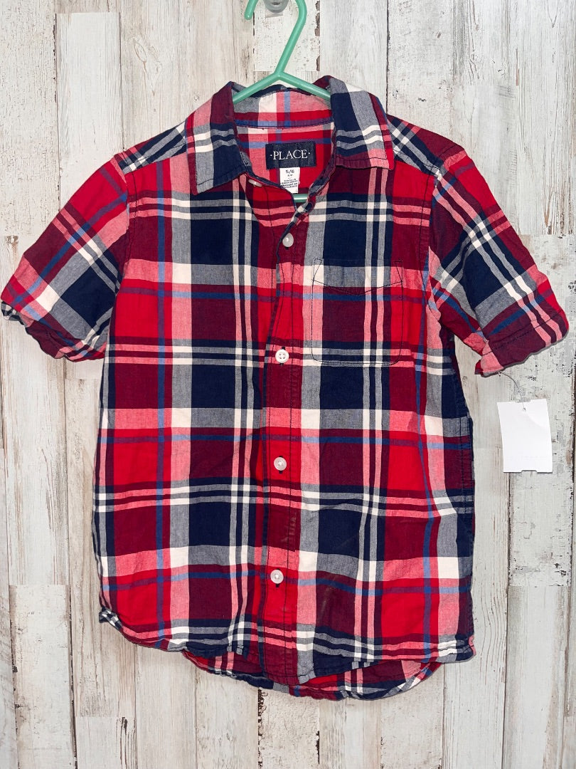 RED/NAVY CHILDRENS PLACE PLAID BUTTON UP, BOY 5/6