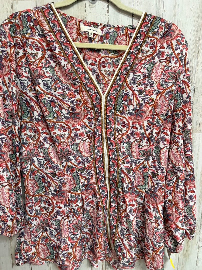 MAROON MAX STUDIO PAISLEY V NECK TOP, LADIES XL