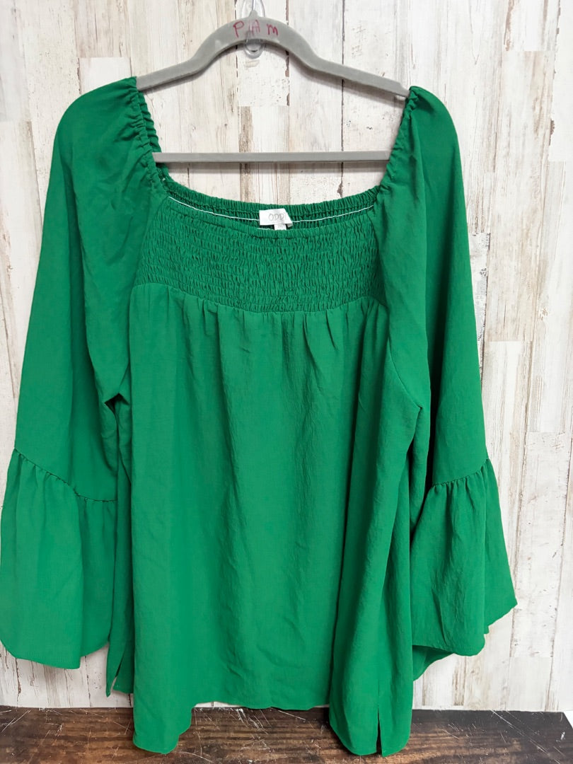 KELLY GREEN ODDY SMOCK NECK BLOUSE, LADIES 2X