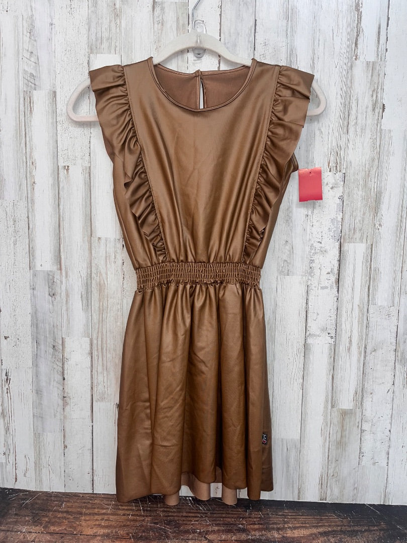 BROWN T2LOVE FAUX LEATHER RUFFLE TRIM DRESS, GIRL 8