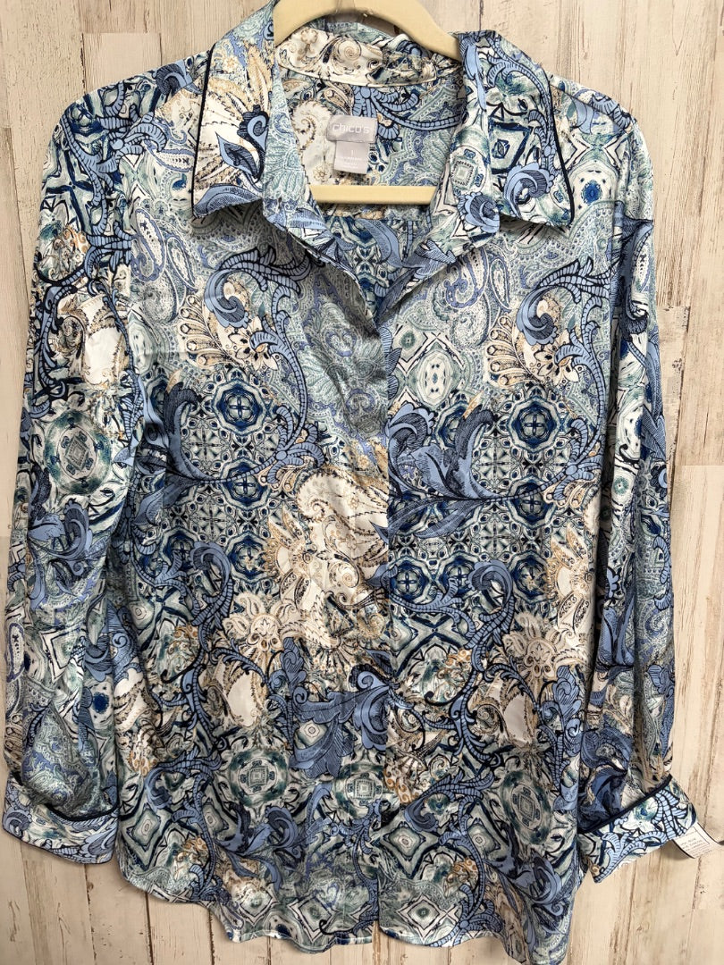 BLUE CHICOS PAISLEY SILKY BUTTON UP, LADIES L