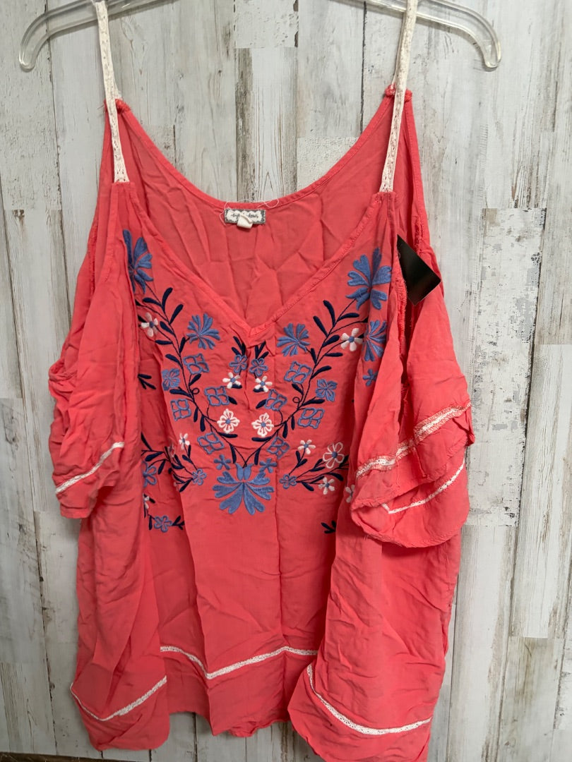 CORAL EYESHADOW FLOWER EMBROIDERED COLD SHOULDER TOP, LADIES 3X