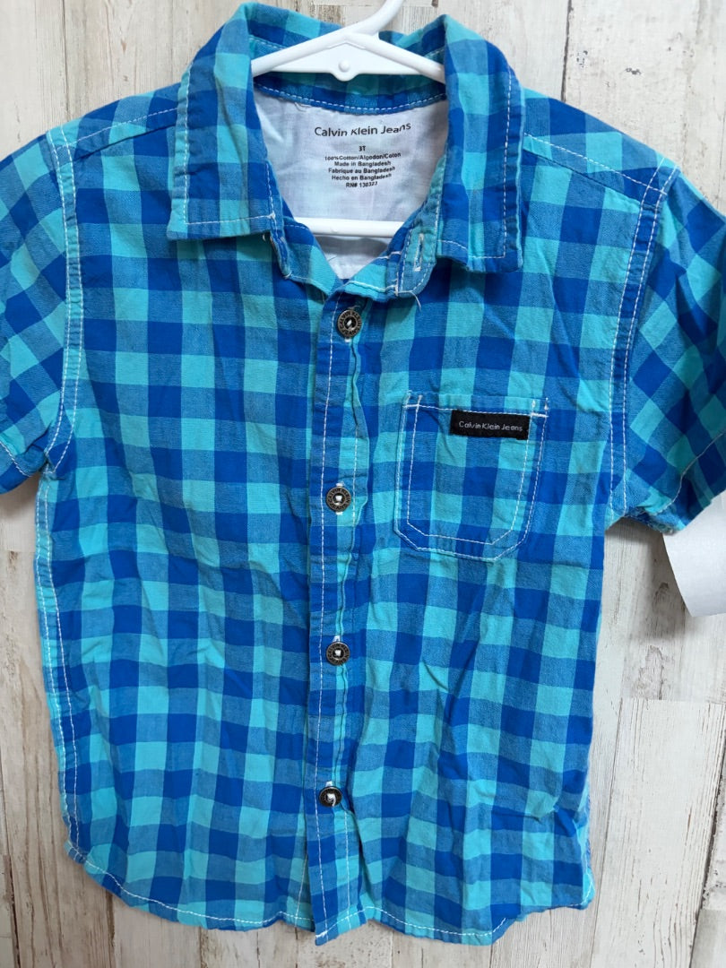TEAL/BLUE CALVIN KLEIN PLAID BUTTON UP, BOY 3T