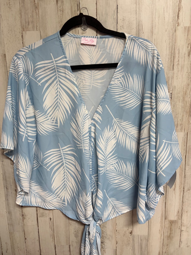 LT BLUE PINK LILY LEAF PRINT TIE TOP, LADIES M