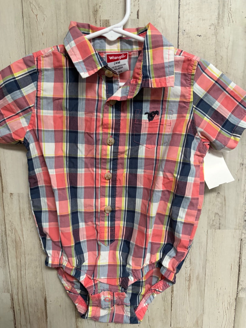 CORAL WRANGLER PLAID BUTTON UP ONESIE, BOYS 24M