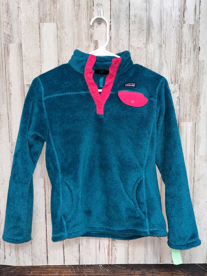 TEAL/PINK PATAGONIA FLEECE BUTTON PULLOVER, GIRL 12