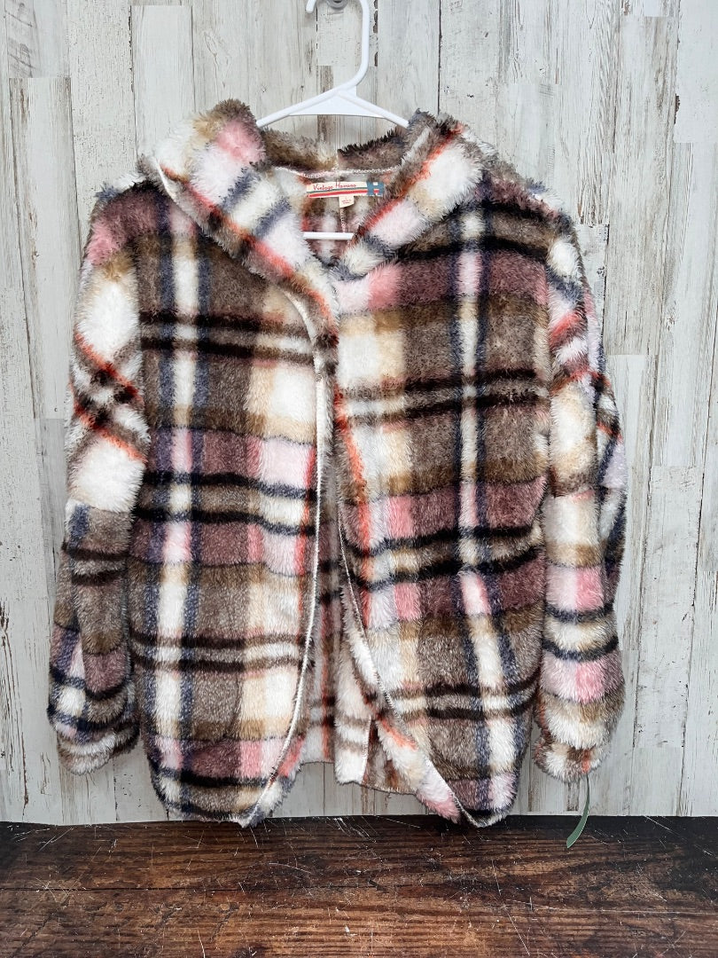TAN/PINK VINTAGE HAVANA SHERPA PLAID BUTTON HOODIE, GIRL 14