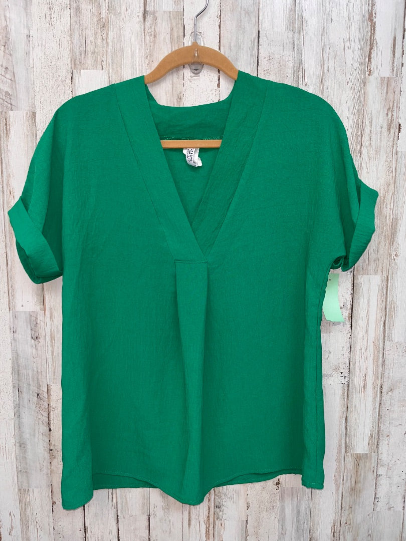 KELLY 2 HEARTS TEXTURED V NECK CUFF SLEEVE BLOUSE, LADIES S