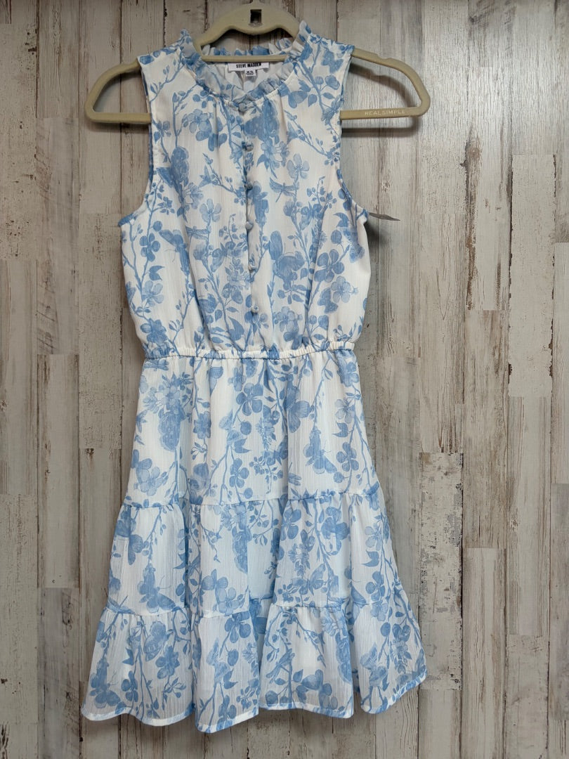 WHITE/BLUE STEVE MADDEN FLROAL TIER BUTTON DRESS, LADIES XS