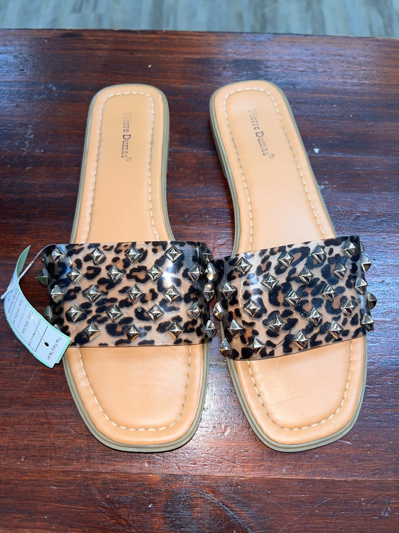 BROWN PIERRE DUMAS STUDDED LEOPARD SLIDES, SHOES A9