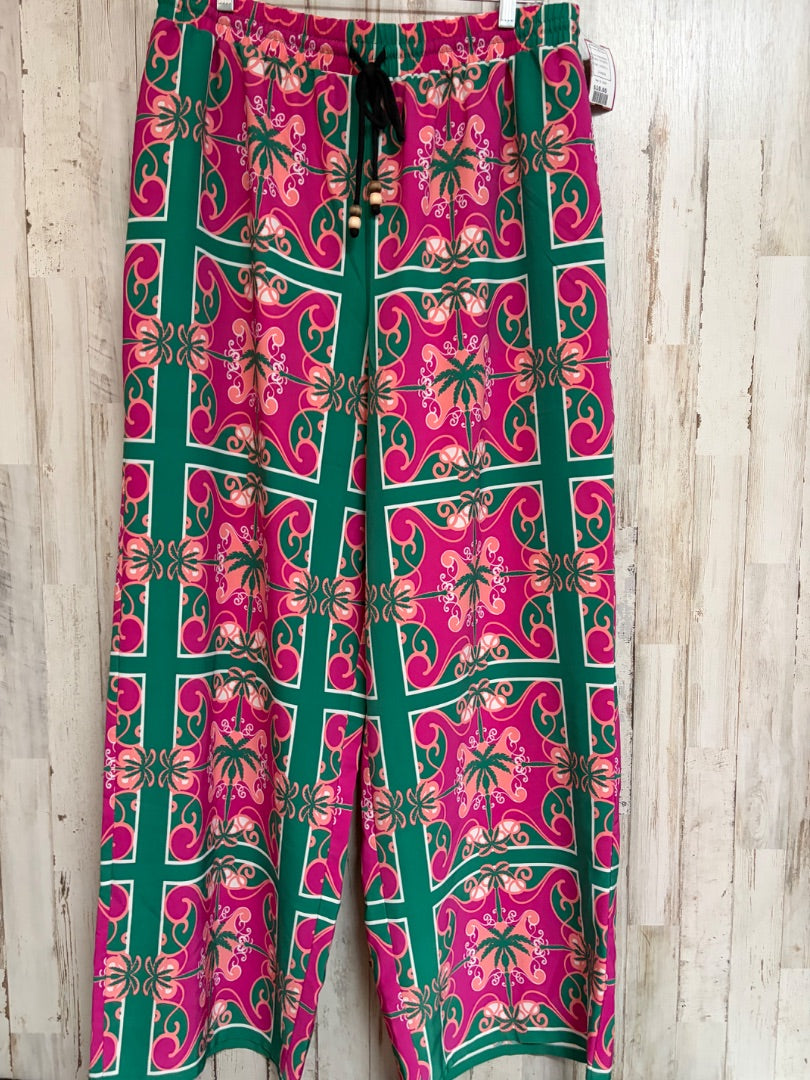PINK/GREEN INTEMPO PALM TREE WIDE LEG PANTS, LADIES L