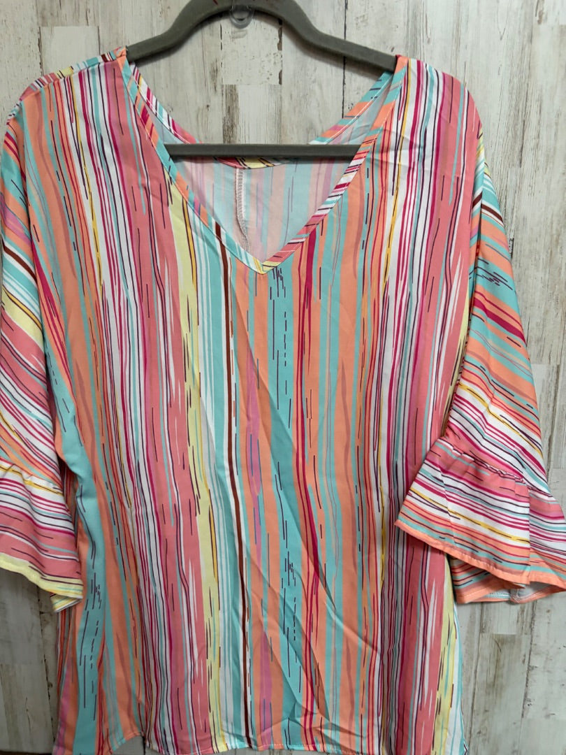 MULTI STRIPE RUFFLE SLEEVE V NECK TOP, LADIES L