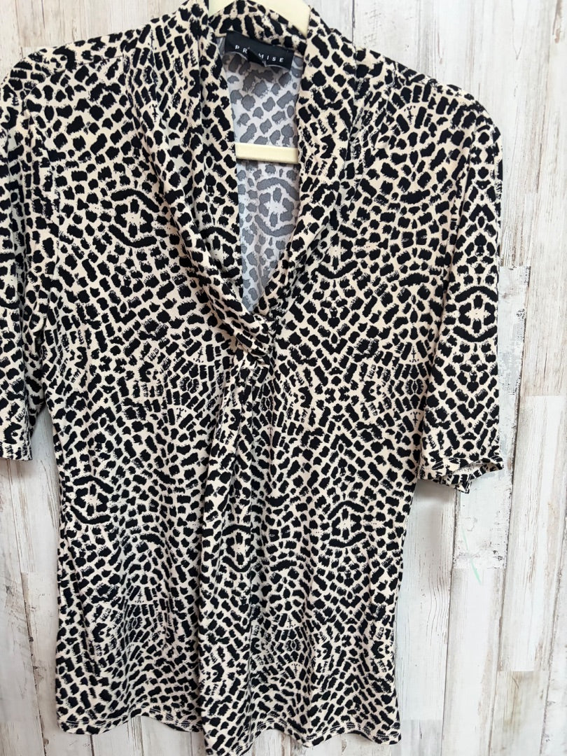 BLACK/TAN PREMISE SPOTTED TWIST V NECK TOP, LADIES L