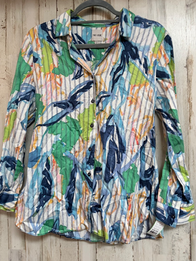 WHITE/GREEN/BLUE NIC+ZOE WATERCOLOR PRINT BUTTON UP, LADIES S