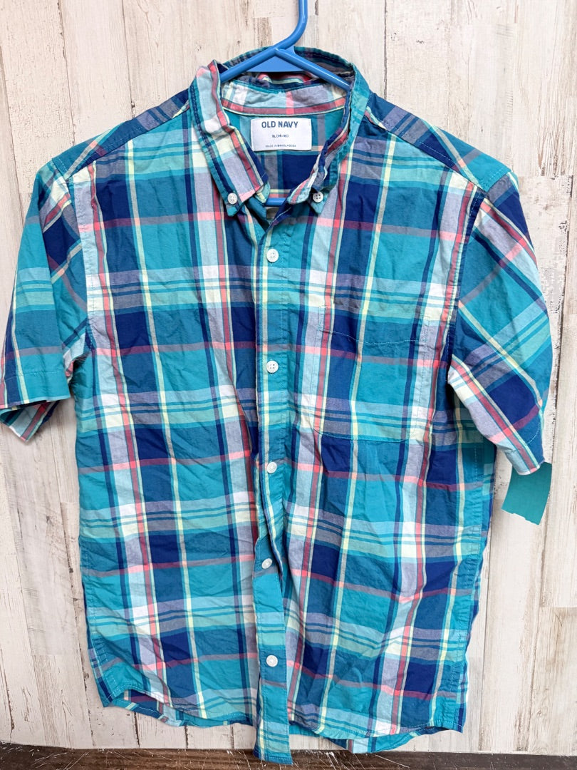 TEAL/MULTI OLD NAVY PLAID BUTTON UP, BOY 14/16
