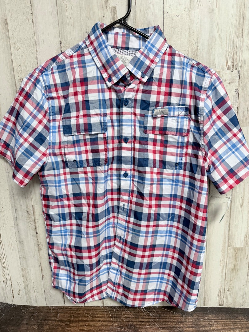 RED/WHITE/BLUE OCEAN + COAST PLAID FISHING BUTTON UP, BOY 14