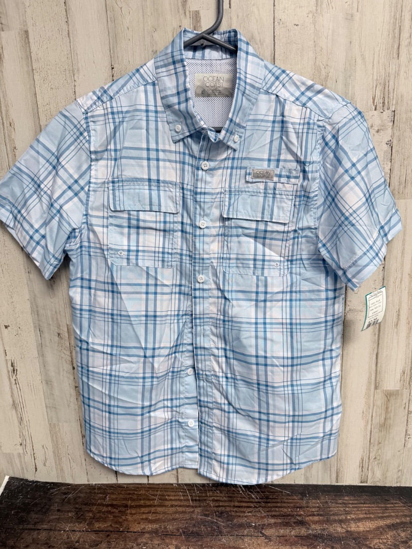 BLUE OCEAN + COAST PLAID BUTTON UP FISHING SHIRT, BOY 14