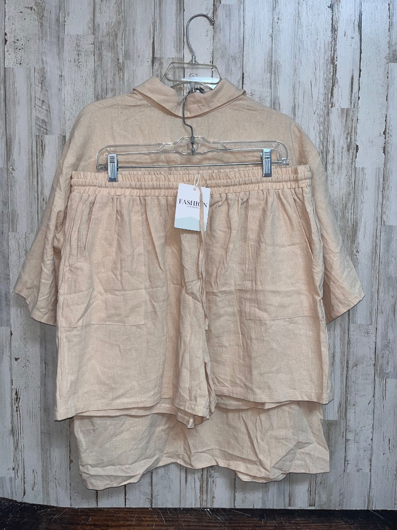 TAN NEW 2PC LINEN BUTTON UP SET, LADIES 2X