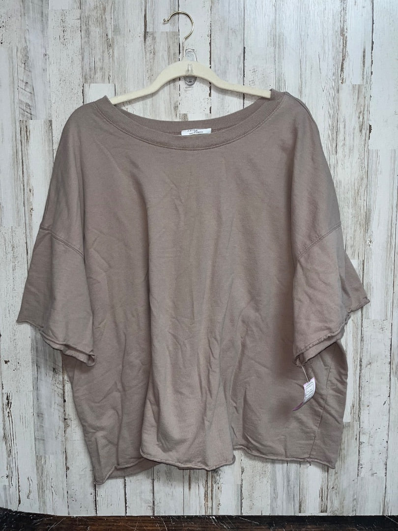 TAN ZENANA RAW EDGE SHORT SLEEVED SWEATSHIRT, LADIES 3X