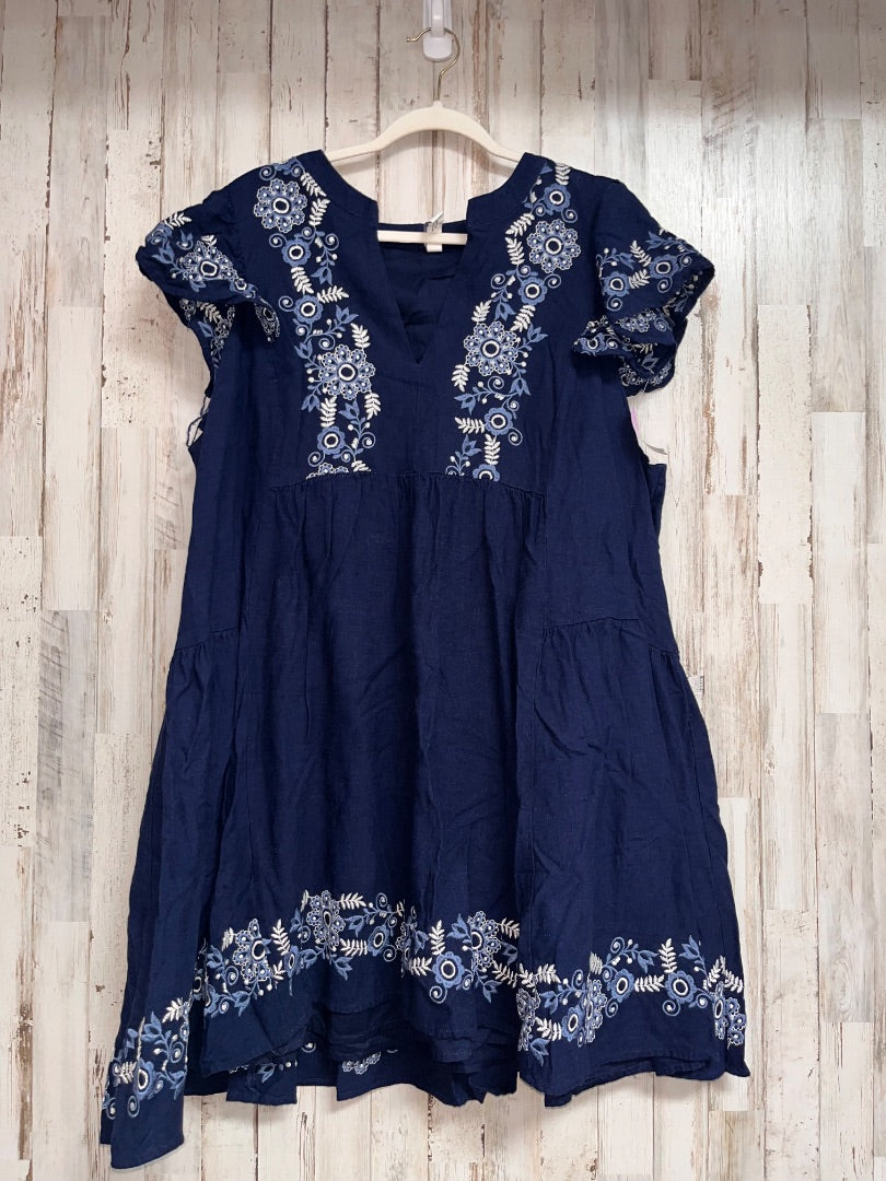 NAVY BELLE ISLE FLORAL EMBROIDERED LINEN DRESS, LADIES 3X