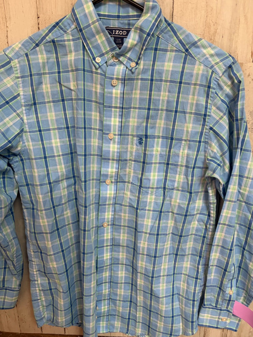 BLUE/GREEN IZOD PLAID BUTTON UP, BOY 14/16