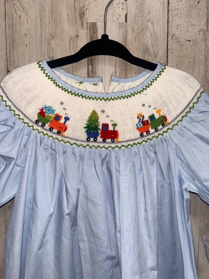 LIGHT BLUE MOM & ME NEW CHRISTMAS TRAIN SMOCKED DRESS, GIRL 2T