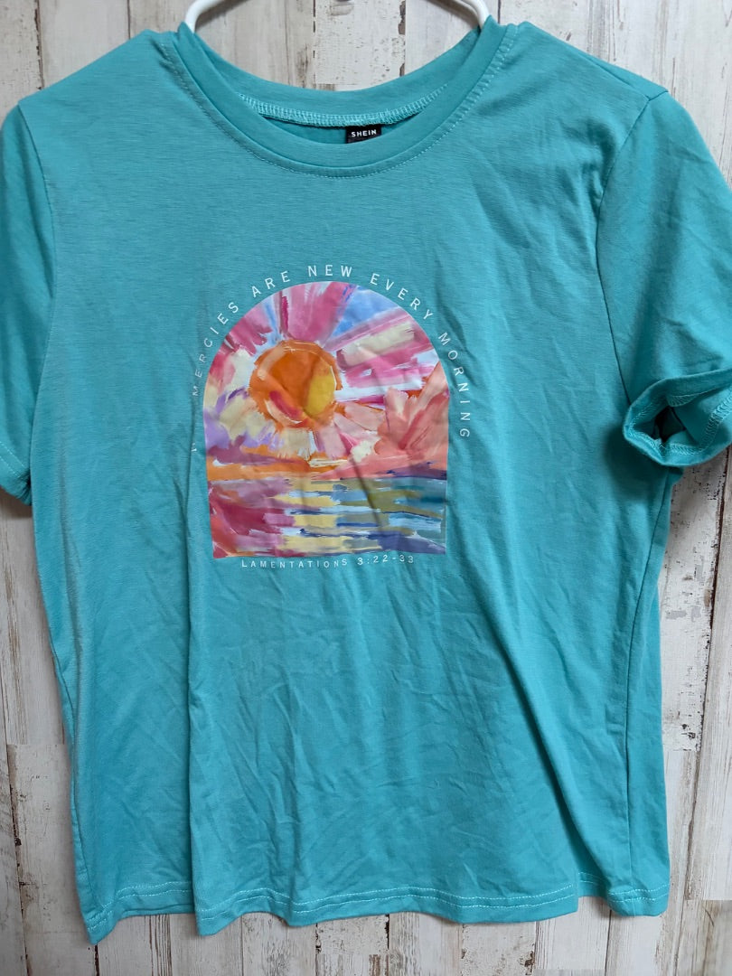 TEAL SHEIN HIS MERCIES WATERCOLOR TEE, LADIES M