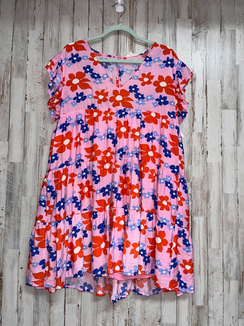 PINK ENTRO FLORAL V NECK TIER DRESS, LADIES L