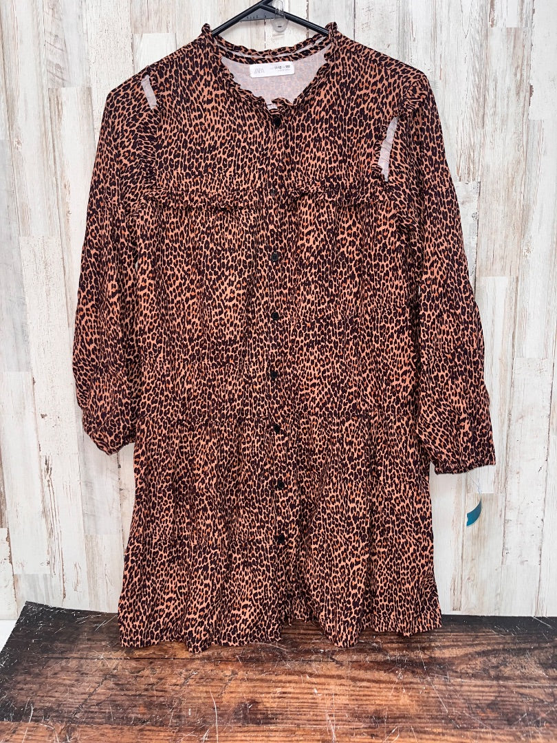 BROWN ZARA CHEETAH BUTTON UP TIER DRESS, GIRL 11/12