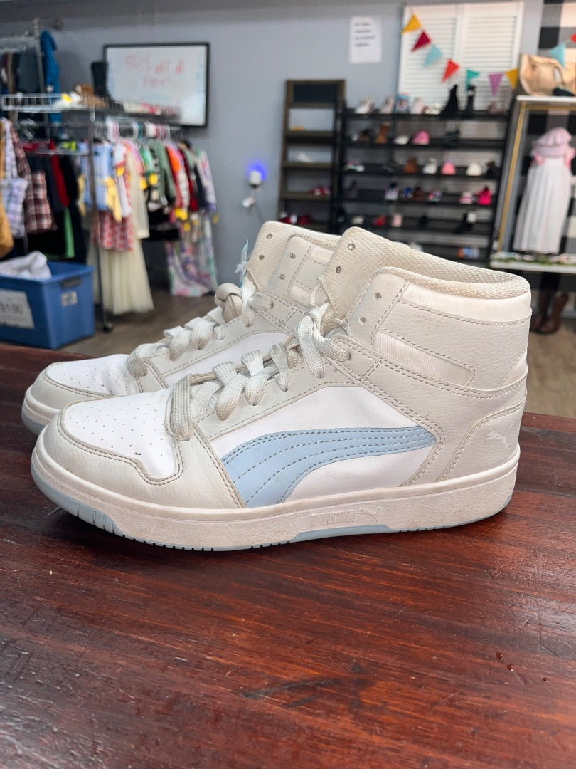 WHITE/LIGHT BLUE PUMA HIGH TOPS, SHOES A9
