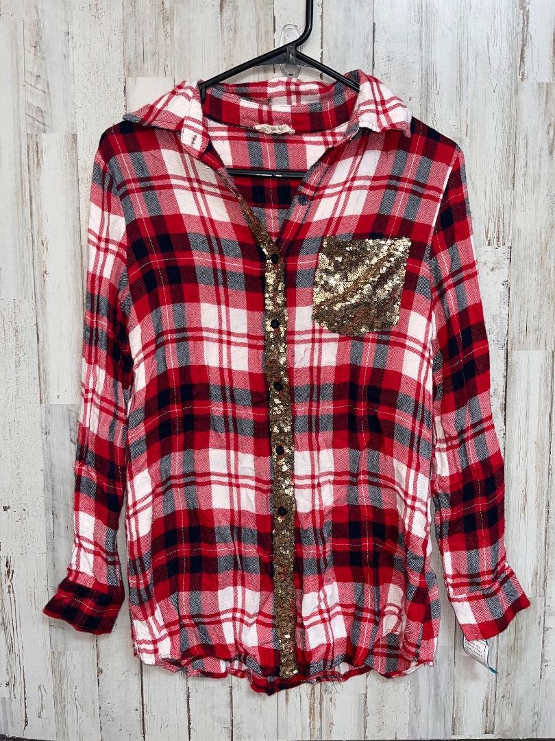 RED ETWO PLAID SEQUIN BUTTON UP, LADIES S