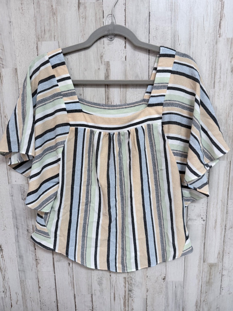 TAN/GREEN MM MM MM STRIPE SQUARE NECK TOP, LADIES M