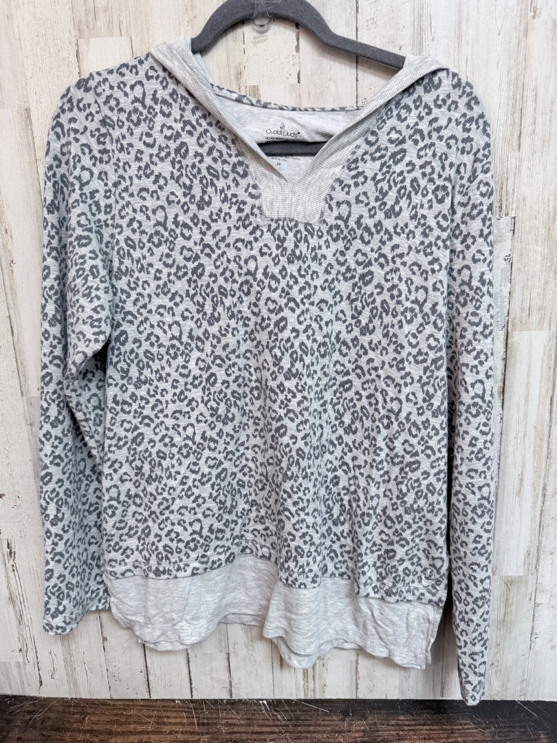 GREY CUDDL DUDS LEOPARD HOODED LOUNGE TOP, LADIES M