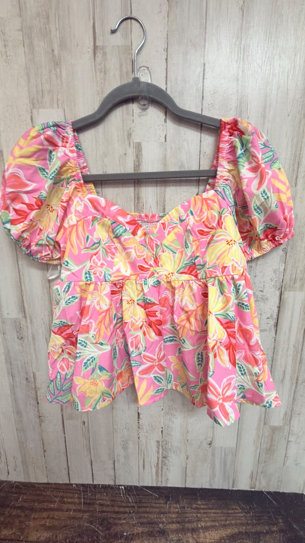 YELLOW/PINK SHEIN FLORAL PUFF SLEEVE TOP, LADIES S