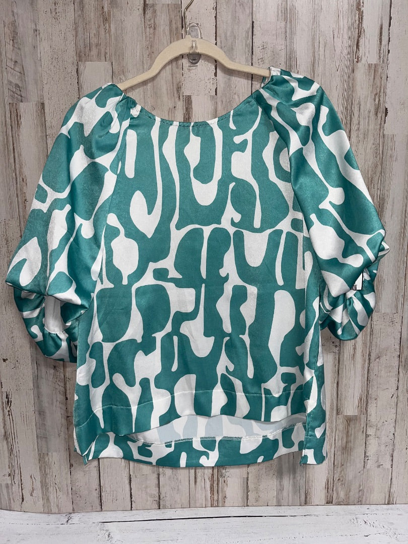 GREEN/WHITE UMGEE PUFF SLEEVE PRINT SIKLY TOP, LADIES S
