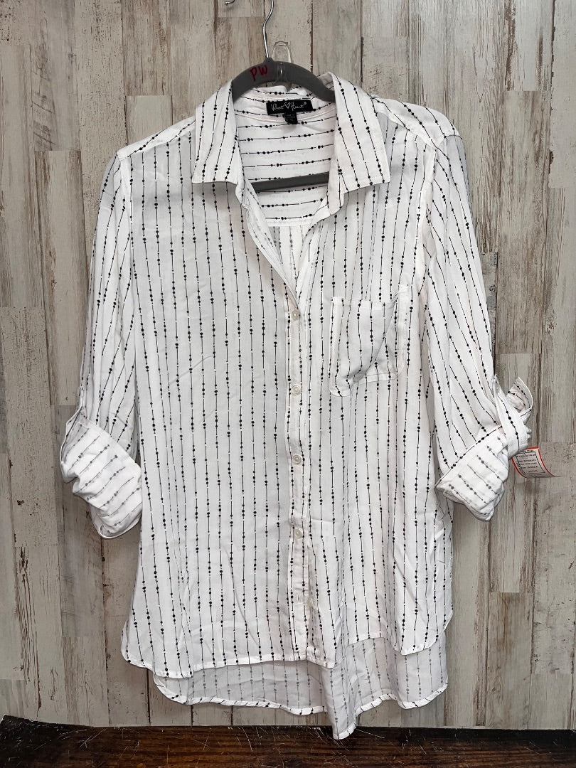 WHITE/BLACK VELVET HEART DOT STRIPE BUTTON UP, LADIES XL