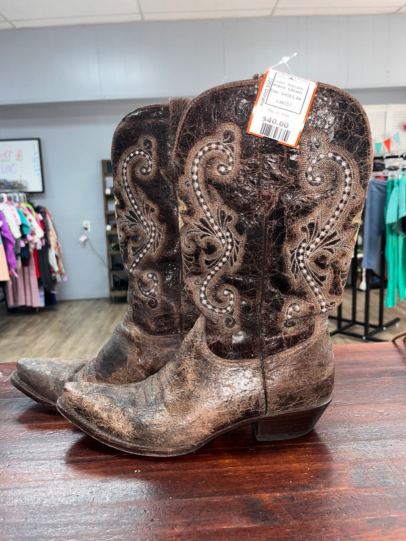 BROWN SAFARI LEATHER COWGIRL BOOTS, SHOES A9