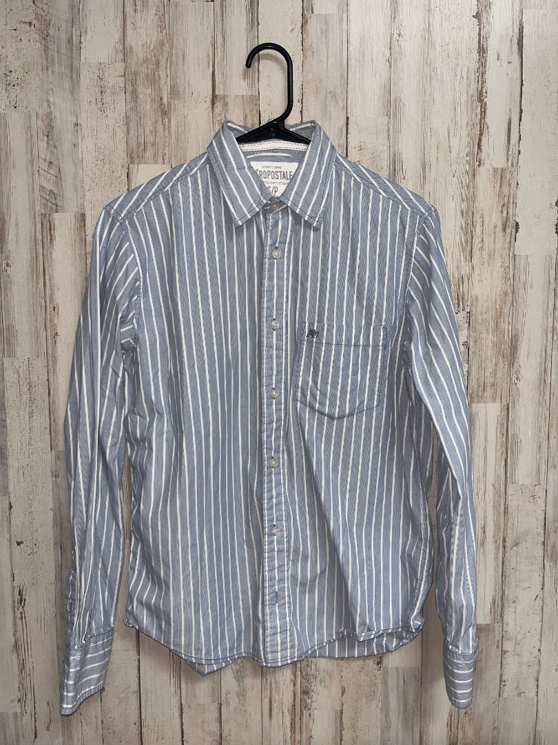 BLUE AEROPOSTALE STRIPE BUTTON UP, BOY ADULT S